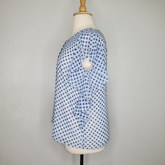 Roz & Ali Blue White Flutter Sleeve Ruffle Side Button Up Top Blouse NEW Size XL - Picture 5 of 15